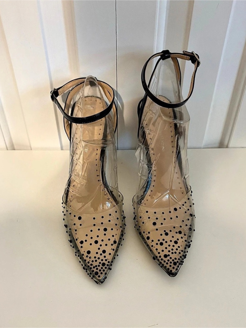ADRIENNE VITTADINI, Black Dots on Clear Pointed Toe Front Heels w/Ankle Straps